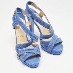 Christian Louboutin Blue Suede Rodita Zipper Detail Platform Sandals Size 38