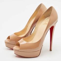 Pre Owned Christian Louboutin Beige Patent Leather Lady Peep Toe Pumps Size 38.5