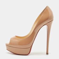 Pre Owned Christian Louboutin Beige Patent Leather Lady Peep Toe Pumps Size 38.5