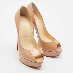 Pre Owned Christian Louboutin Beige Patent Leather Lady Peep Toe Pumps Size 38.5