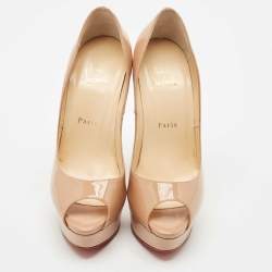 Pre Owned Christian Louboutin Beige Patent Leather Lady Peep Toe Pumps Size 38.5