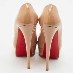 Pre Owned Christian Louboutin Beige Patent Leather Lady Peep Toe Pumps Size 38.5
