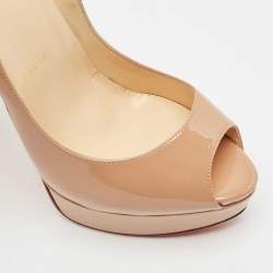 Pre Owned Christian Louboutin Beige Patent Leather Lady Peep Toe Pumps Size 38.5
