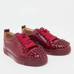 Christian Louboutin Burgundy Patent Leather Louis Junior Spikes Lace Up Sneakers Size 35