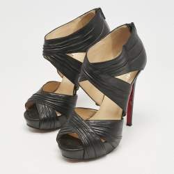 Christian Louboutin Black Pleated Leather Kashou Ankle-Strap Sandals Size 38