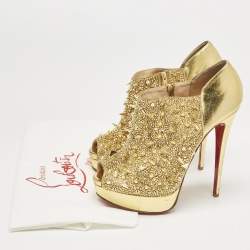 Christian Louboutin Metallic Gold Leather Bridget's Back Spike Peep Toe Booties Size 40
