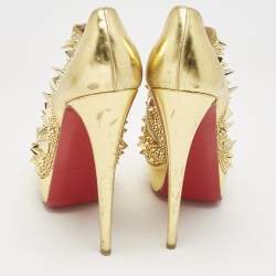 Christian Louboutin Metallic Gold Leather Bridget's Back Spike Peep Toe Booties Size 40