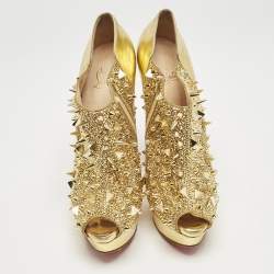 Christian Louboutin Metallic Gold Leather Bridget's Back Spike Peep Toe Booties Size 40