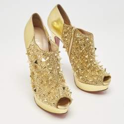 Christian Louboutin Metallic Gold Leather Bridget's Back Spike Peep Toe Booties Size 40