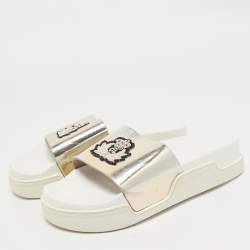 Christian Louboutin Silver Leather Crown Beau Slide Sandals Size 40