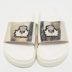 Christian Louboutin Silver Leather Crown Beau Slide Sandals Size 40