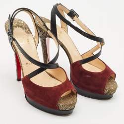 Christian Louboutin Multicolor Leather and Python Cross Minetta Platform Sandals Size 37.5
