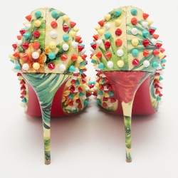 Christian Louboutin Multicolor Hawaiian Print Crackled Leather Follies Spikes Pumps Size 38