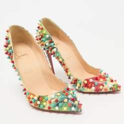 Christian Louboutin Multicolor Hawaiian Print Crackled Leather Follies Spikes Pumps Size 38