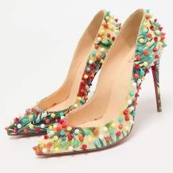 Christian Louboutin Multicolor Hawaiian Print Crackled Leather Follies Spikes Pumps Size 38