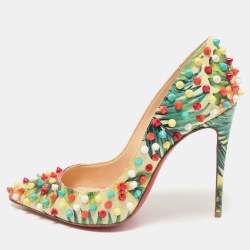 Christian Louboutin Multicolor Hawaiian Print Crackled Leather Follies Spikes Pumps Size 38