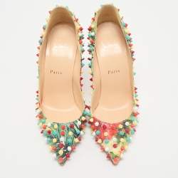 Christian Louboutin Multicolor Hawaiian Print Crackled Leather Follies Spikes Pumps Size 38