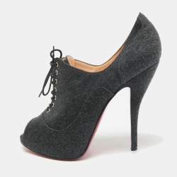 Christian Louboutin Dark Grey Fabric Flannel Lady Peep Toe Lace Up Booties Size 38.5