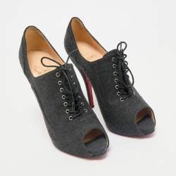 Christian Louboutin Dark Grey Fabric Flannel Lady Peep Toe Lace Up Booties Size 38.5