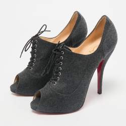 Christian Louboutin Dark Grey Fabric Flannel Lady Peep Toe Lace Up Booties Size 38.5