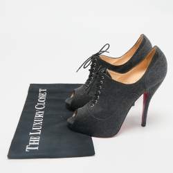 Christian Louboutin Dark Grey Fabric Flannel Lady Peep Toe Lace Up Booties Size 38.5