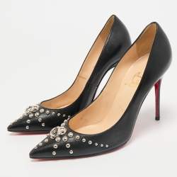 Christian Louboutin Black Leather Door Knock Studded Pumps Size 38