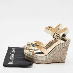 Christian Louboutin Gold Leather Almeria Espadrille Wedge Sandals Size 37