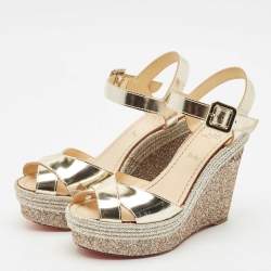 Christian Louboutin Gold Leather Almeria Espadrille Wedge Sandals Size 37