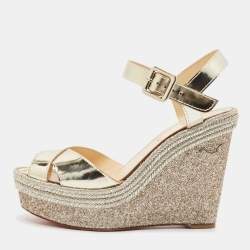 Christian Louboutin Gold Leather Almeria Espadrille Wedge Sandals Size 37