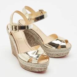 Christian Louboutin Gold Leather Almeria Espadrille Wedge Sandals Size 37
