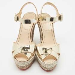 Christian Louboutin Gold Leather Almeria Espadrille Wedge Sandals Size 37
