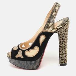 Christian Louboutin Black/Golden Suede And Mesh Miralep Platform Sandals Size 37