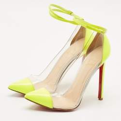 Pre Owned Christian Louboutin Neon Green Patent Leather and PVC Un Bout Rond Pumps Size 38.5