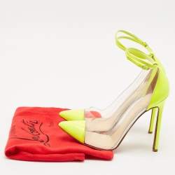 Pre Owned Christian Louboutin Neon Green Patent Leather and PVC Un Bout Rond Pumps Size 38.5