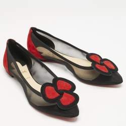 Christian Louboutin Black/Red Suede and Mesh Pansy Ballet Flats Size 40