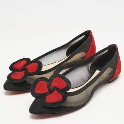 Christian Louboutin Black/Red Suede and Mesh Pansy Ballet Flats Size 40