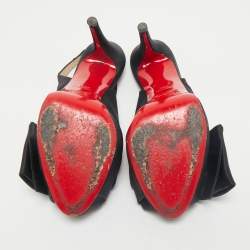 Christian Louboutin Black Satin Bow Peep Toe Platform Slingback Pumps Size 39.5