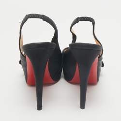 Christian Louboutin Black Satin Bow Peep Toe Platform Slingback Pumps Size 39.5