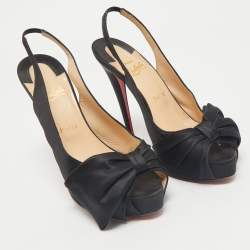Christian Louboutin Black Satin Bow Peep Toe Platform Slingback Pumps Size 39.5