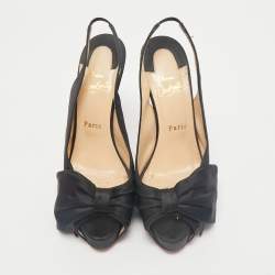 Christian Louboutin Black Satin Bow Peep Toe Platform Slingback Pumps Size 39.5