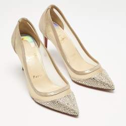 Christian Louboutin Beige Mesh and Suede Galativi Follies Strass Pumps Size 36