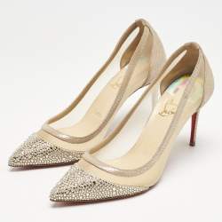 Christian Louboutin Beige Mesh and Suede Galativi Follies Strass Pumps Size 36