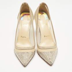 Christian Louboutin Beige Mesh and Suede Galativi Follies Strass Pumps Size 36