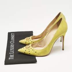 Christian Louboutin Neon Yellow Suede Door Knock Studded Pointed Toe Pumps Size 41