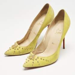 Christian Louboutin Neon Yellow Suede Door Knock Studded Pointed Toe Pumps Size 41
