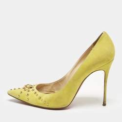Christian Louboutin Neon Yellow Suede Door Knock Studded Pointed Toe Pumps Size 41