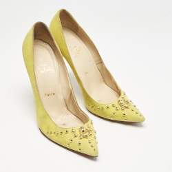 Christian Louboutin Neon Yellow Suede Door Knock Studded Pointed Toe Pumps Size 41