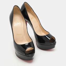 Christian Louboutin Black Patent Leather Lady Peep Platform Pumps Size 35.5