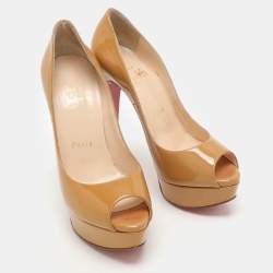 Christian Louboutin Mustard Patent Leather Lady Peep Platform Pumps Size 35.5