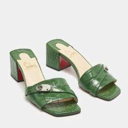 Christian Louboutin Green Croc Embossed Leather Lock Art Slide Sandals Size 37